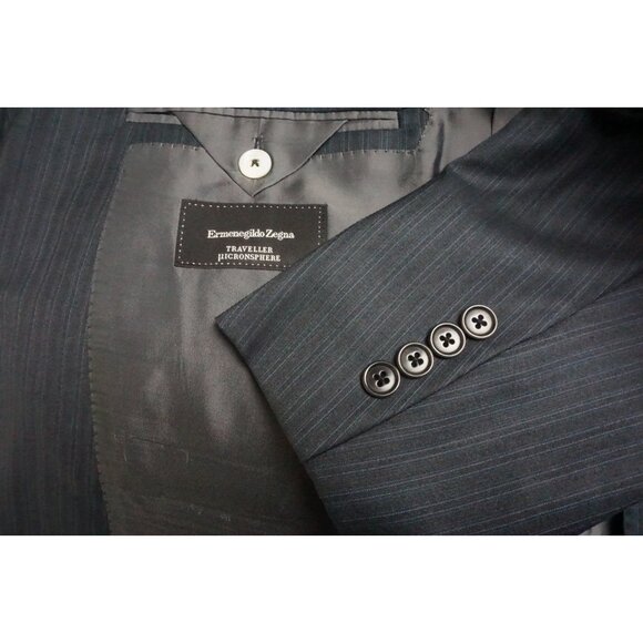 Ermenegildo Zegna Traveler Microsphere Milano Gray Blue Striped 2 PC Suit 46L
